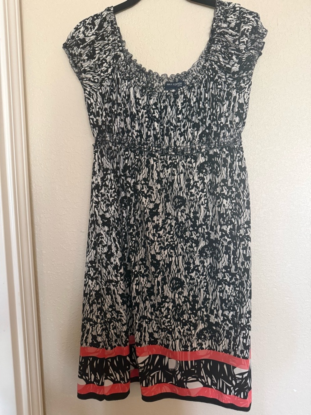 4 for $20 Max Edition Black & White Printed Midi Dress with Coral Hem Accent